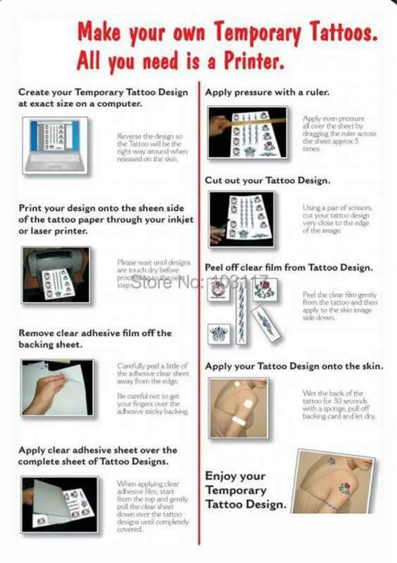 Temporary Tattoos Water Transfer Paper Made in Inkjet Laser Printer